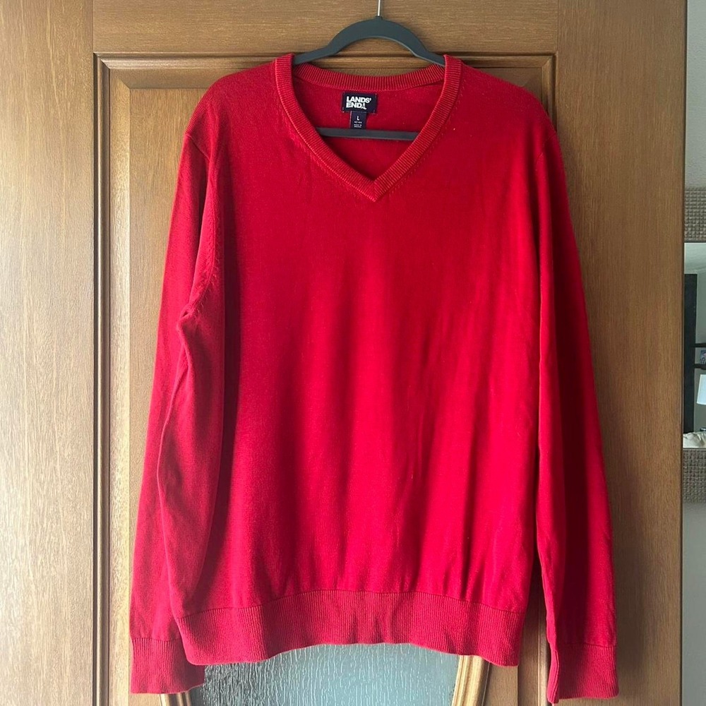 Mens large red‎ lands end Sweater V Neck NWOT